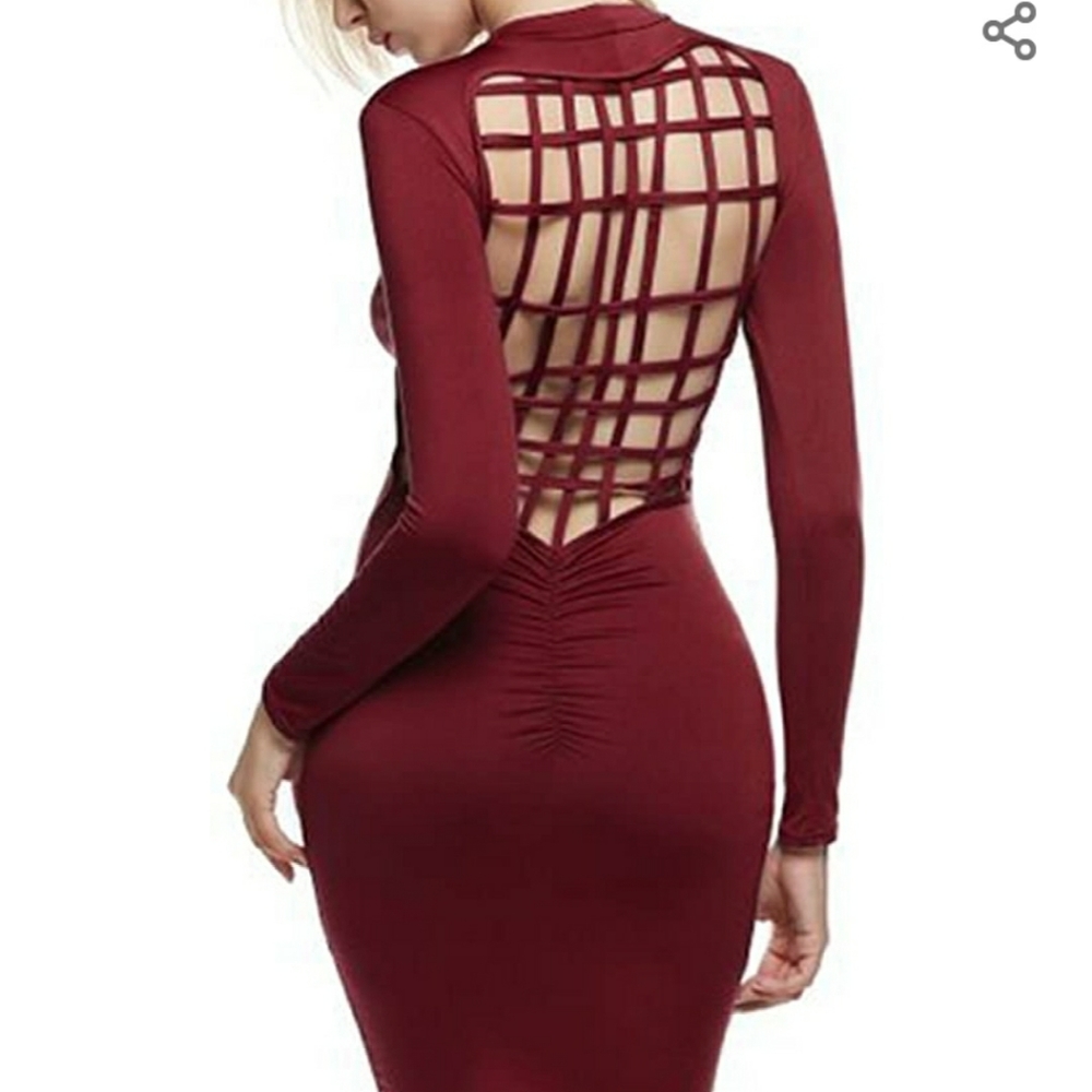 New Sexy back mesh bodycon midi long sleeve dress